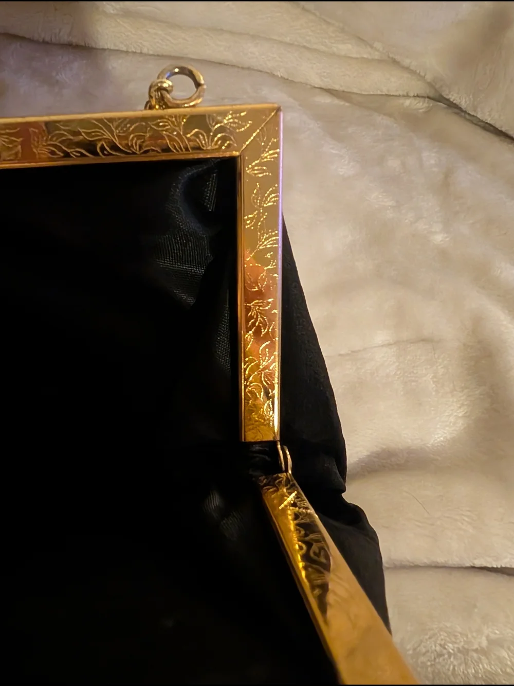 Vintage Black Floral-Accent Evening Clutch with Gold Chain 1950s